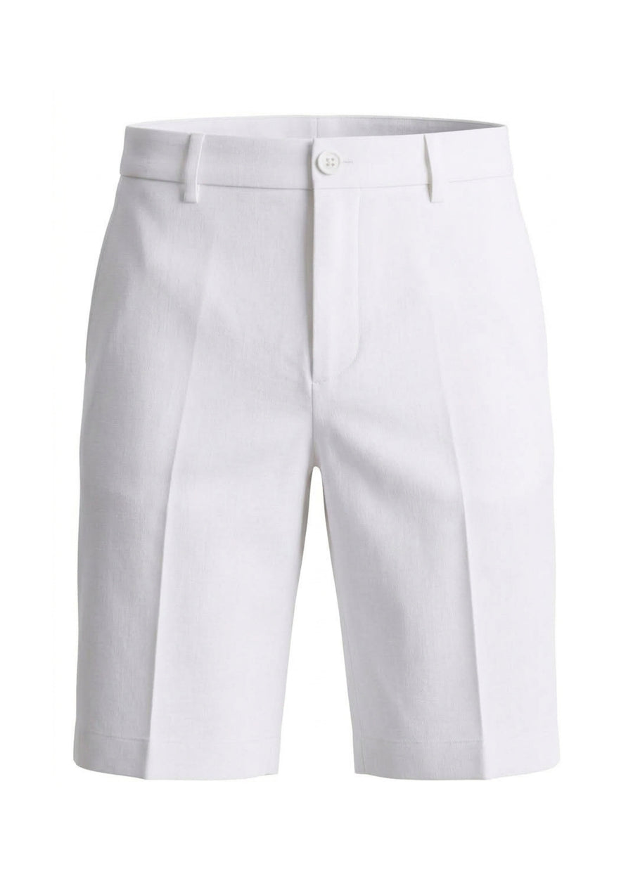 White pleated shorts with a button closure and belt loops, shown against a plain white background.