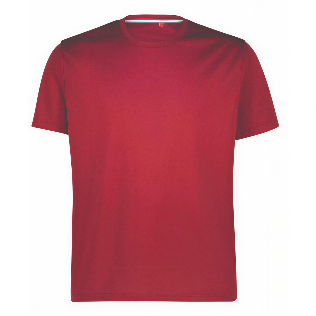 A plain red short-sleeve crewneck t-shirt displayed against a solid white background.