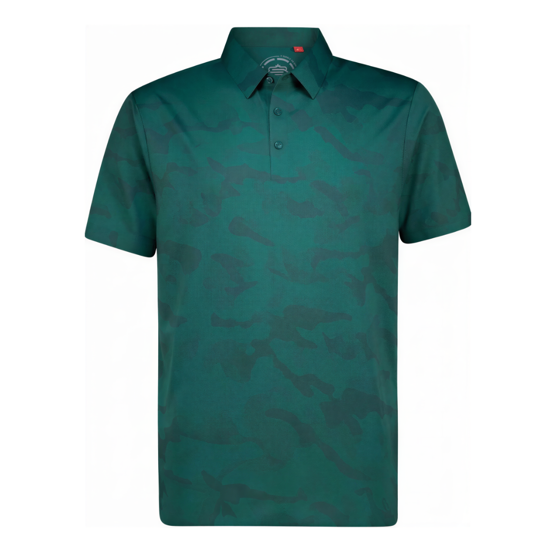 A short-sleeve polo shirt in a dark teal green camouflage pattern, shown against a plain white background.