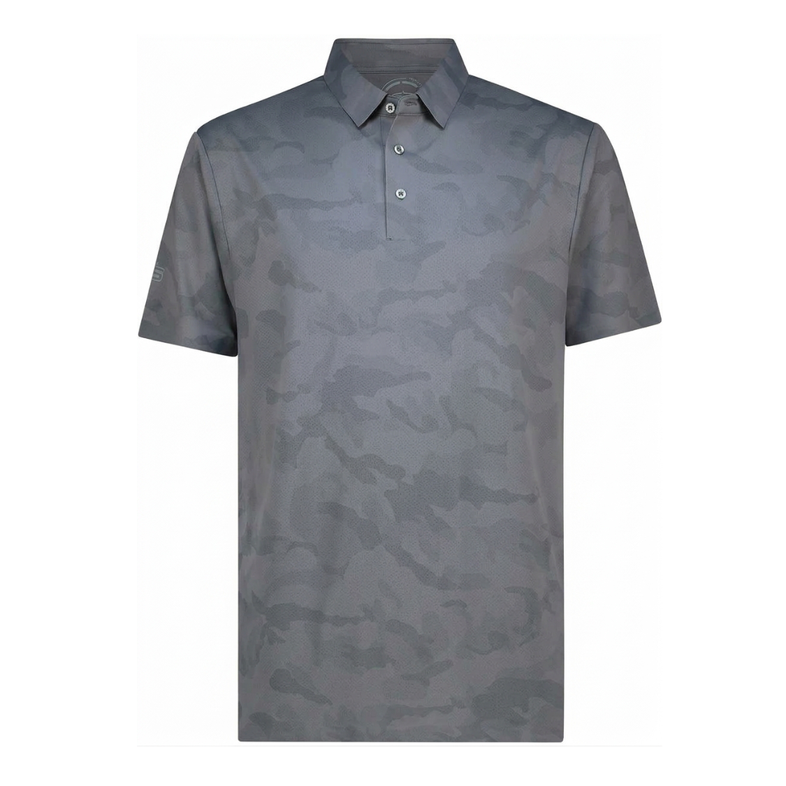 A short-sleeve polo shirt with a subtle gray and black camouflage pattern, featuring a two-button placket, shown on a plain white background.