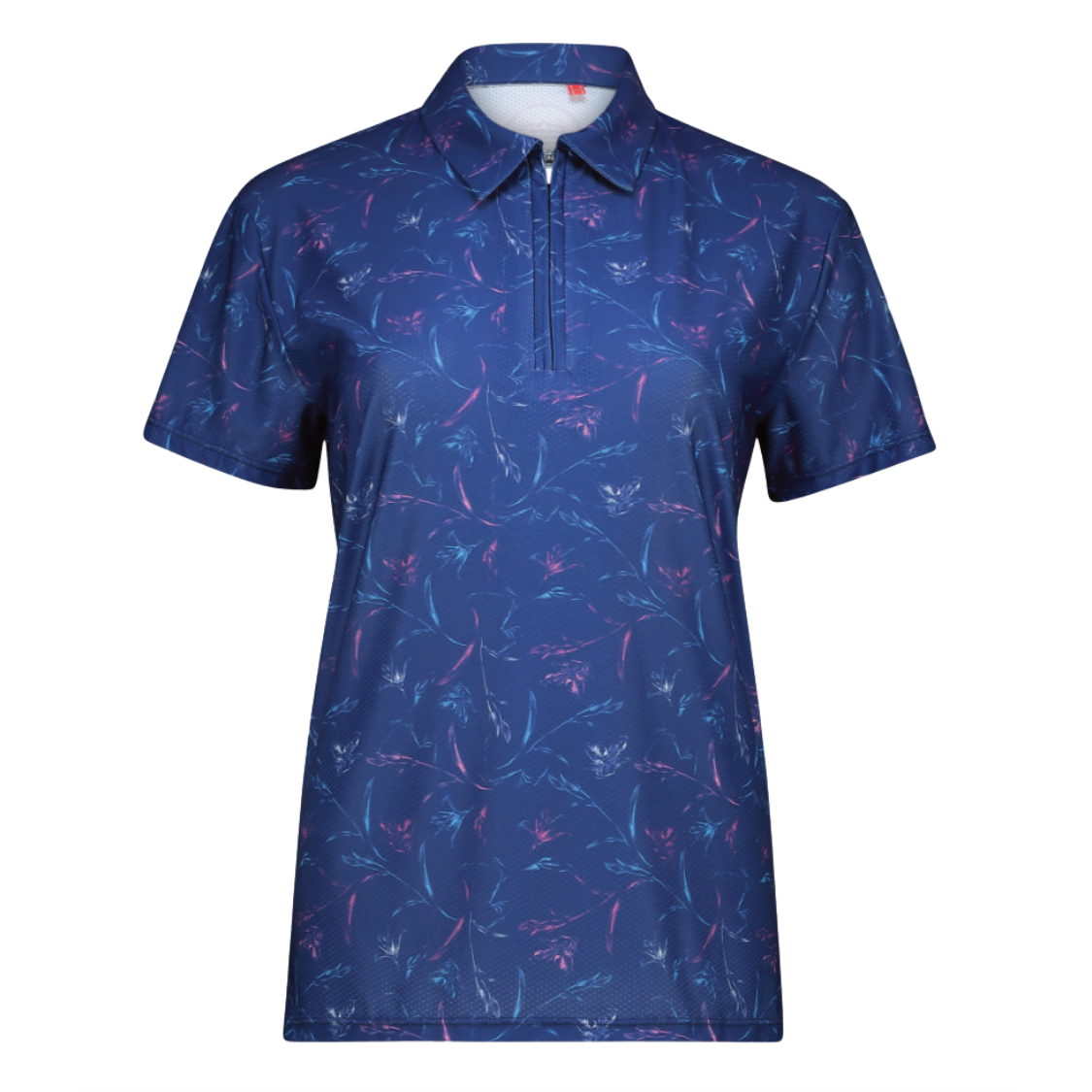 A short-sleeve polo shirt with a half-zip collar, featuring an all-over abstract floral and leaf pattern in shades of blue, purple, and pink on a dark navy base, shown against a plain white background.