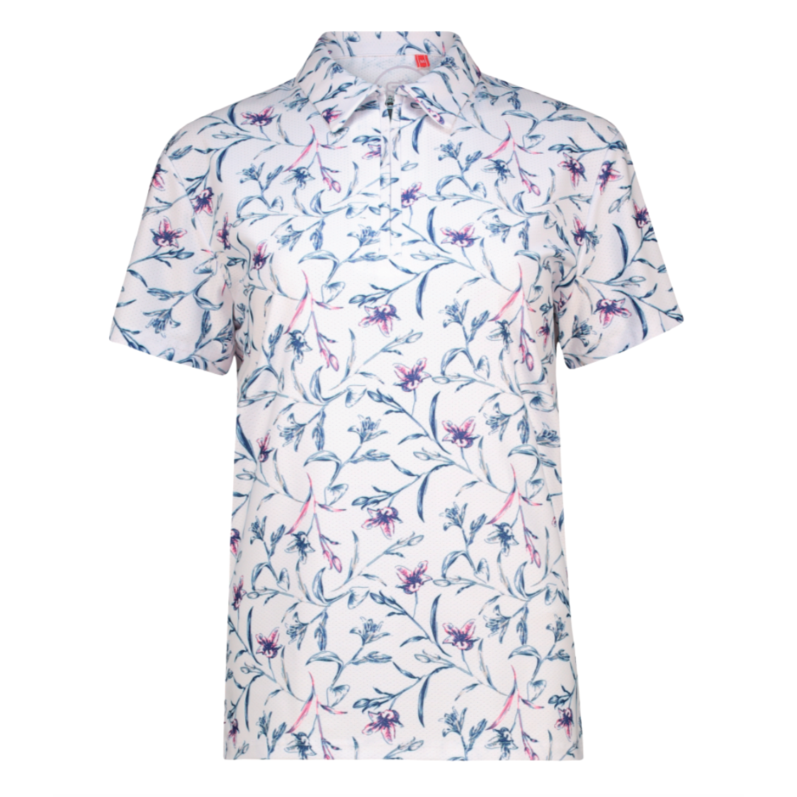 A short-sleeve button-up shirt with a white base and an all-over floral print in shades of blue, purple, and pink, displayed on a clean white background.