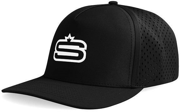 BLACK HAT, BLACK CAP, SWAGG CAP, PERFORMANCE CAP, LASER HOLE DETAIL, QUALITY CAP, SWAGG S LOGO,