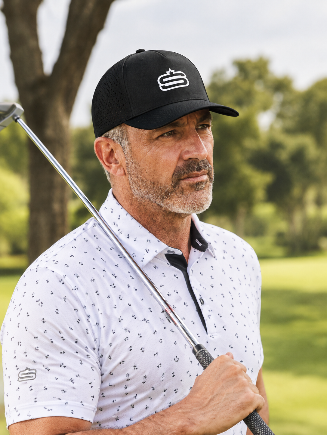 Alpha - 5 Panel Performance Cap with "S" Print & Laser Hole Detail-2