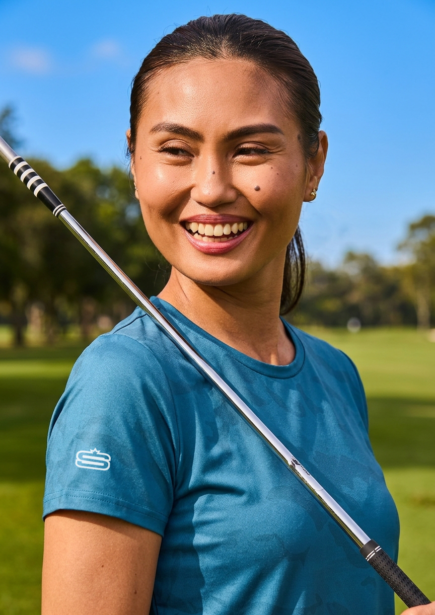 A smiling woman outdoors on a golf course wearing a teal blue short-sleeve athletic shirt and holding a golf club.