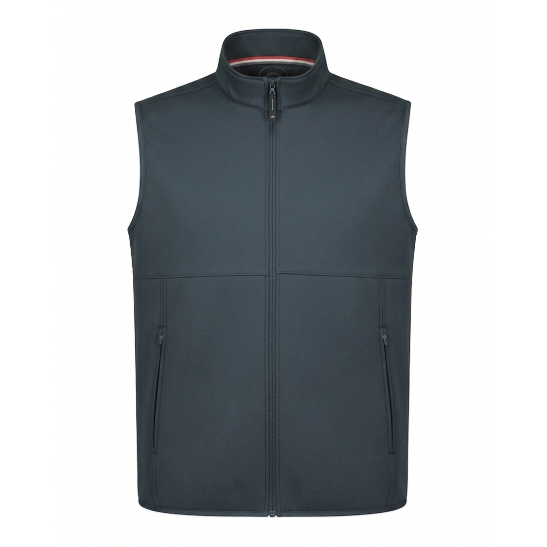 A dark slate gray sleeveless zip-up vest with a stand collar, shown on a plain white background.
