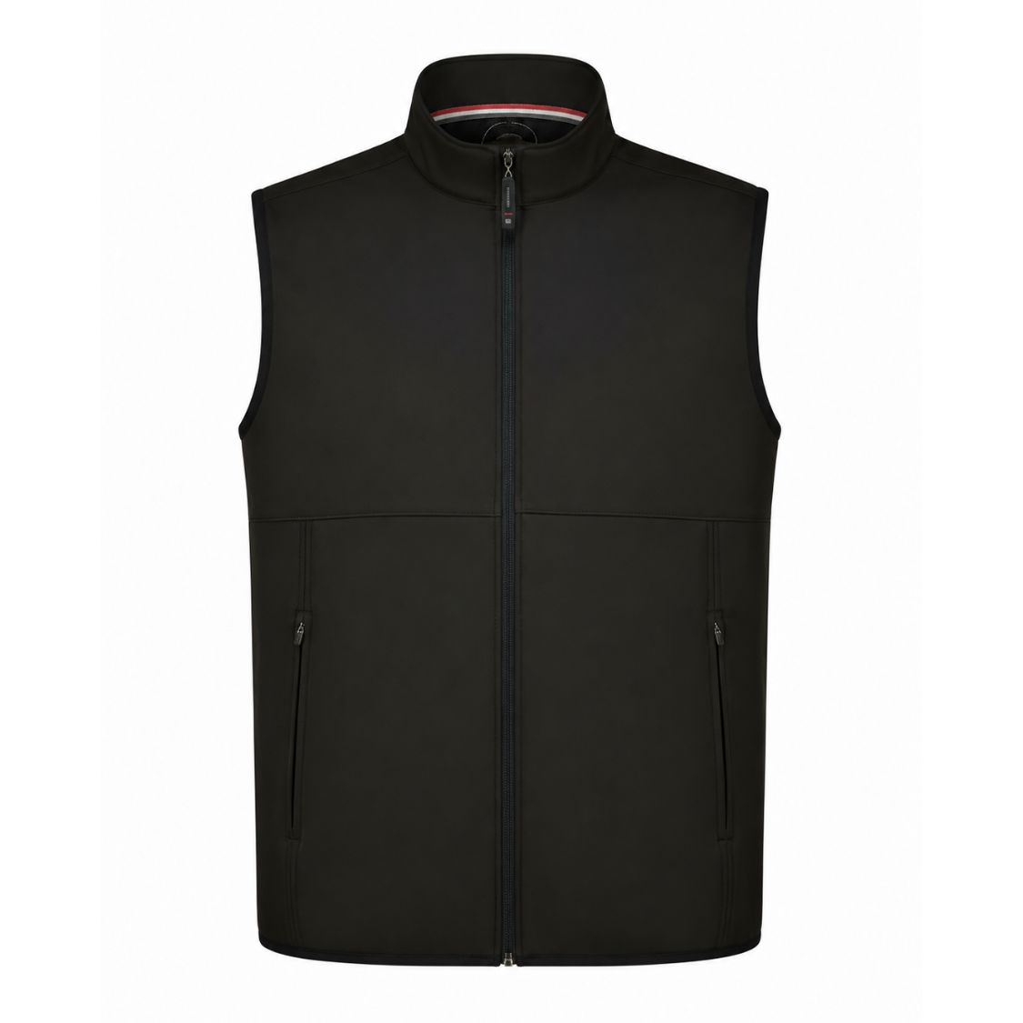 A black sleeveless zip-up vest with a stand collar and two vertical zippered pockets on the front, shown against a plain white background.