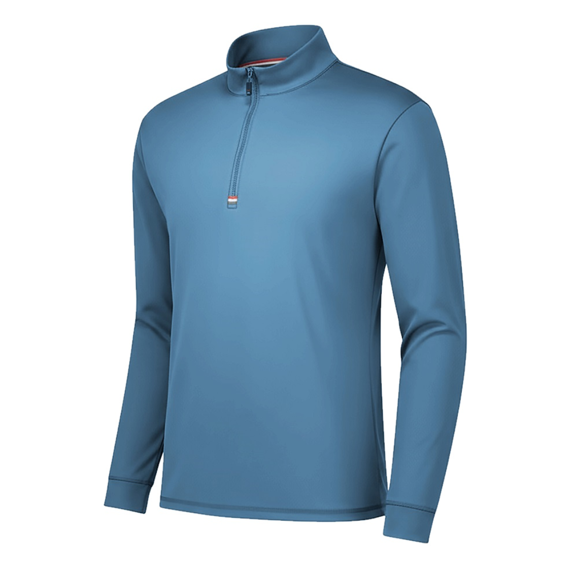 A men's long-sleeve quarter-zip pullover in a dusty medium blue color, shown on a clean white background.