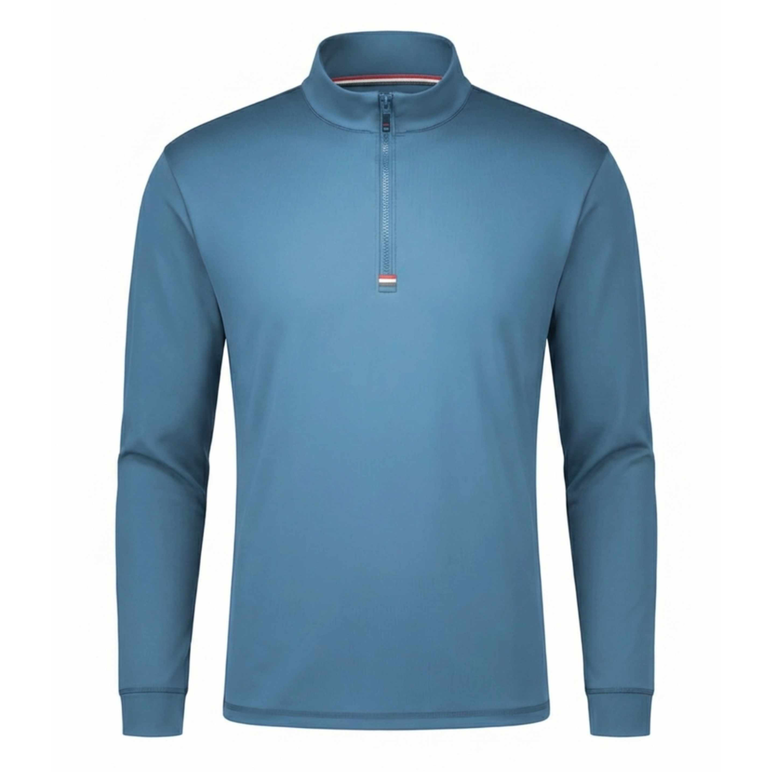 A men's long-sleeve quarter-zip pullover in a muted slate blue color, featuring a small red and white striped accent on the zipper pull and inner collar.