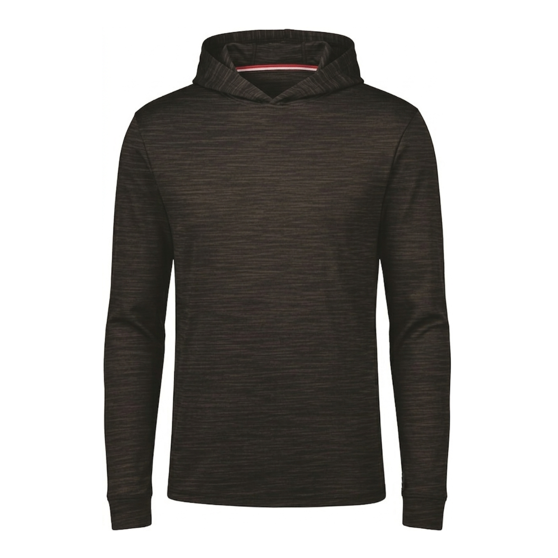 A dark brown heathered long-sleeve hoodie with a small red and white striped inner neck detail, shown against a plain white background.