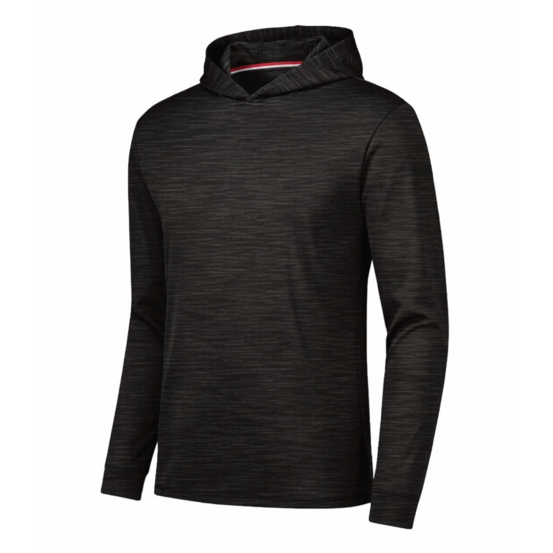 A men's long-sleeve athletic hoodie in black with a subtle heathered texture, shown on a plain white background.