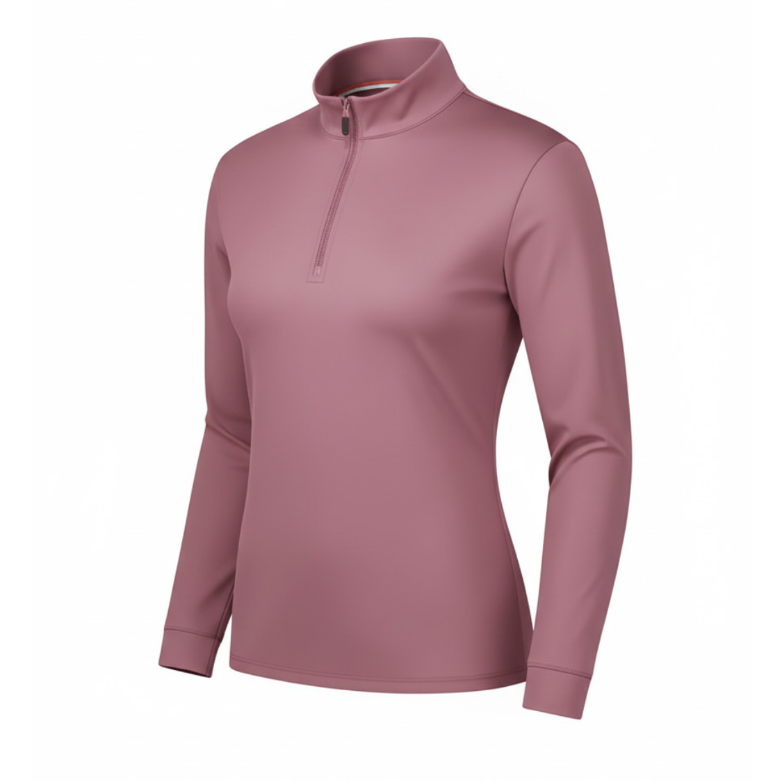 A women's long-sleeve quarter-zip performance pullover in a dusty rose pink color, shown on a clean white background.