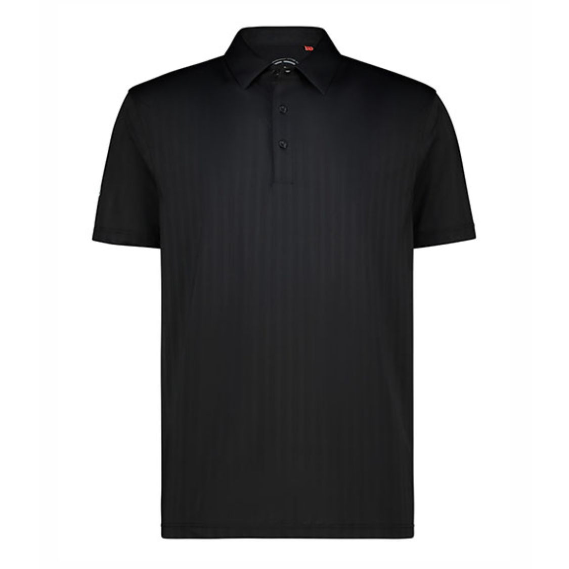 A black short-sleeve polo shirt with a subtle vertical textured stripe pattern, shown on a plain white background.