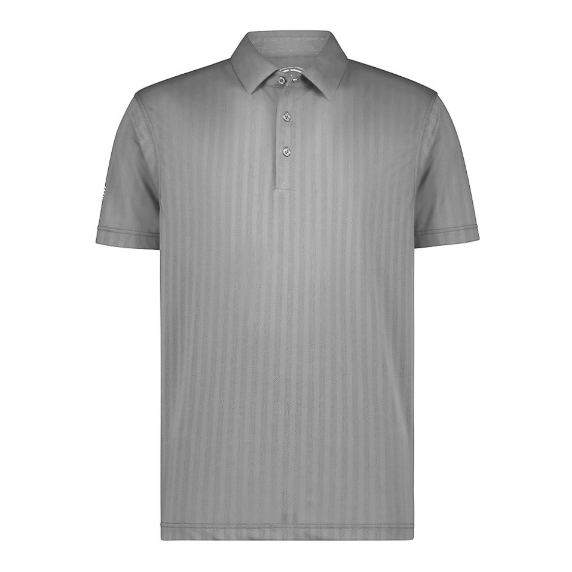 A light gray short-sleeve polo shirt with subtle vertical pinstripes, featuring a classic collar and a three-button placket, shown against a plain white background.