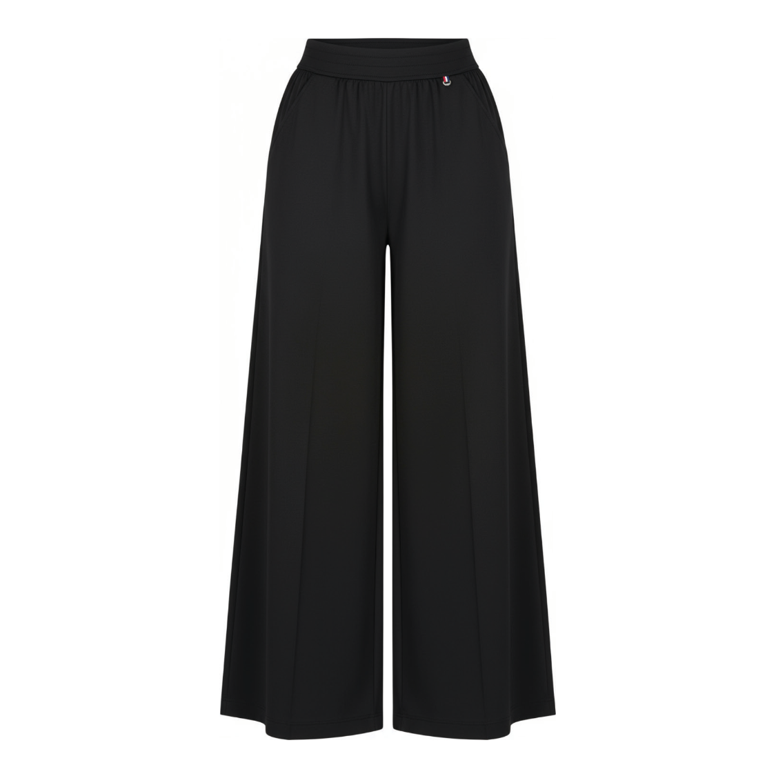Black wide-leg cropped pants with an elastic waistband, shown on a plain white background.