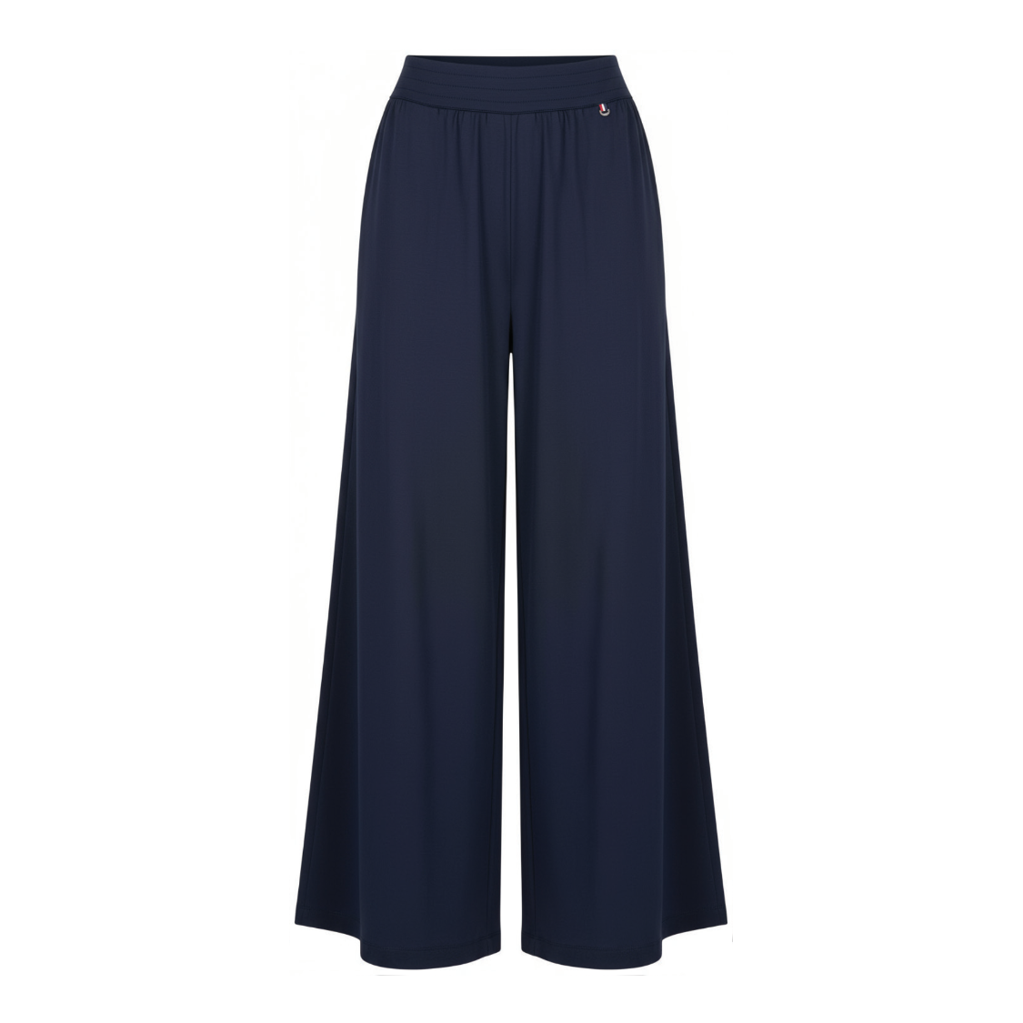 A pair of navy blue wide-leg cropped pants with an elastic waistband and a small gold logo on the right hip, shown against a plain white background.