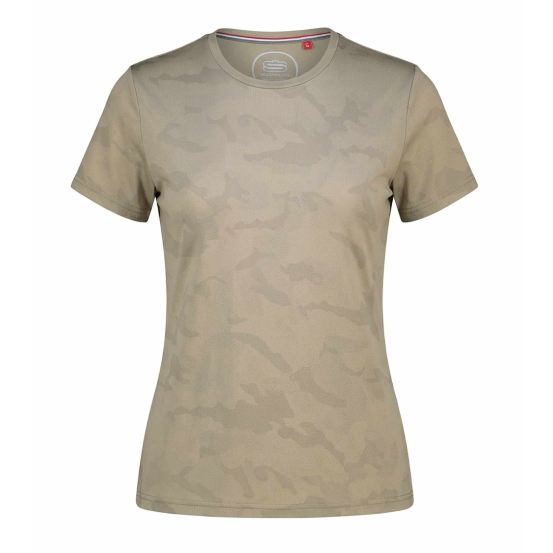 A women's short-sleeve crewneck t-shirt in a light beige and taupe camouflage pattern, shown against a plain white background.