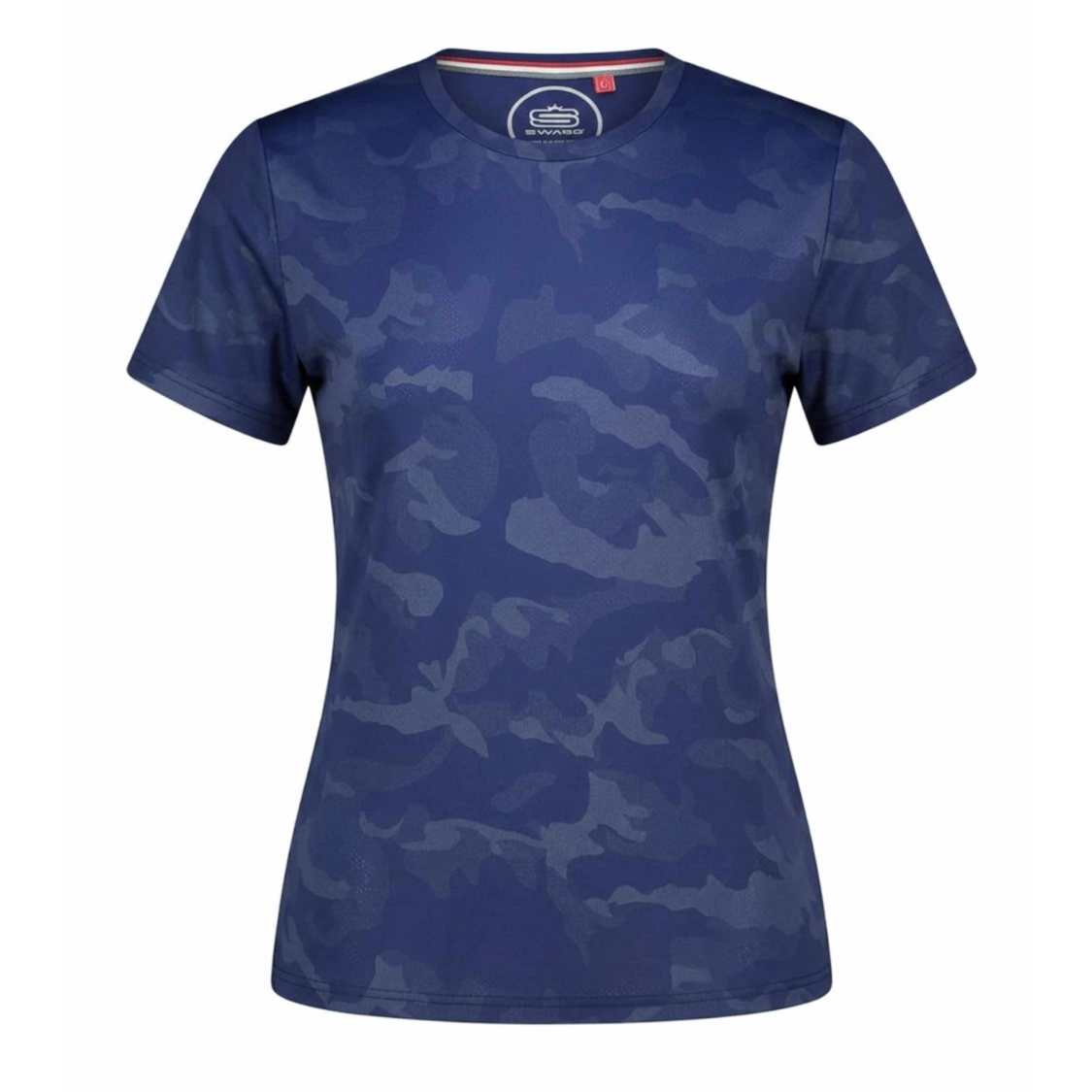 A women's short-sleeve crewneck t-shirt featuring a dark blue and navy camouflage pattern, shown against a plain white background.