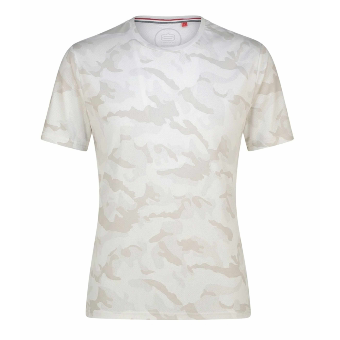 A short-sleeve crewneck t-shirt featuring an all-over light beige and off-white camouflage pattern, displayed on a clean white background.