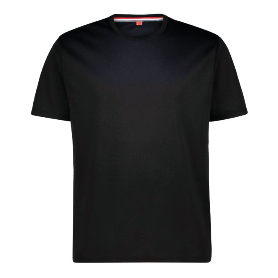A black short-sleeve crewneck t-shirt with a signature red, white, and blue striped inner neck trim, shown against a plain white background.