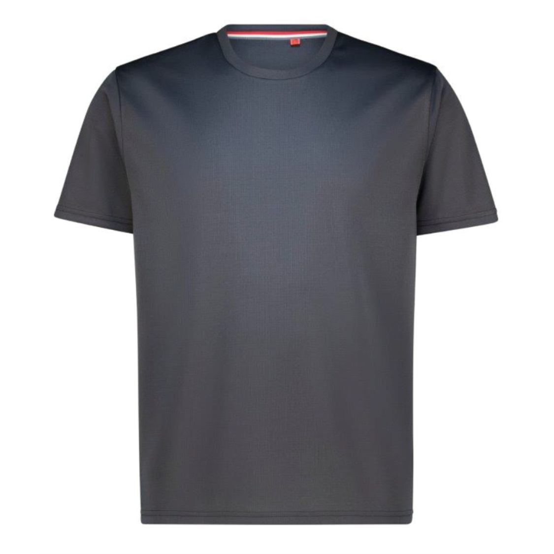 A dark gray short-sleeve crewneck t-shirt with a red and white striped inner collar trim, shown against a plain white background.