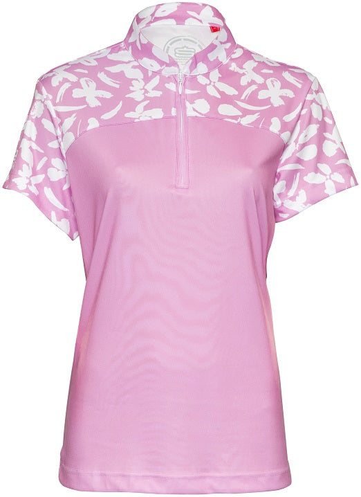 Women’s bloom short sleeve golfer- womens pink polo shirt – womens moisture management fabric golf shirt